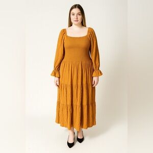 Joyfolie Mustard Smocked Midi Dress Size XL Long Sleeve Boho Cottagecore Prairie
